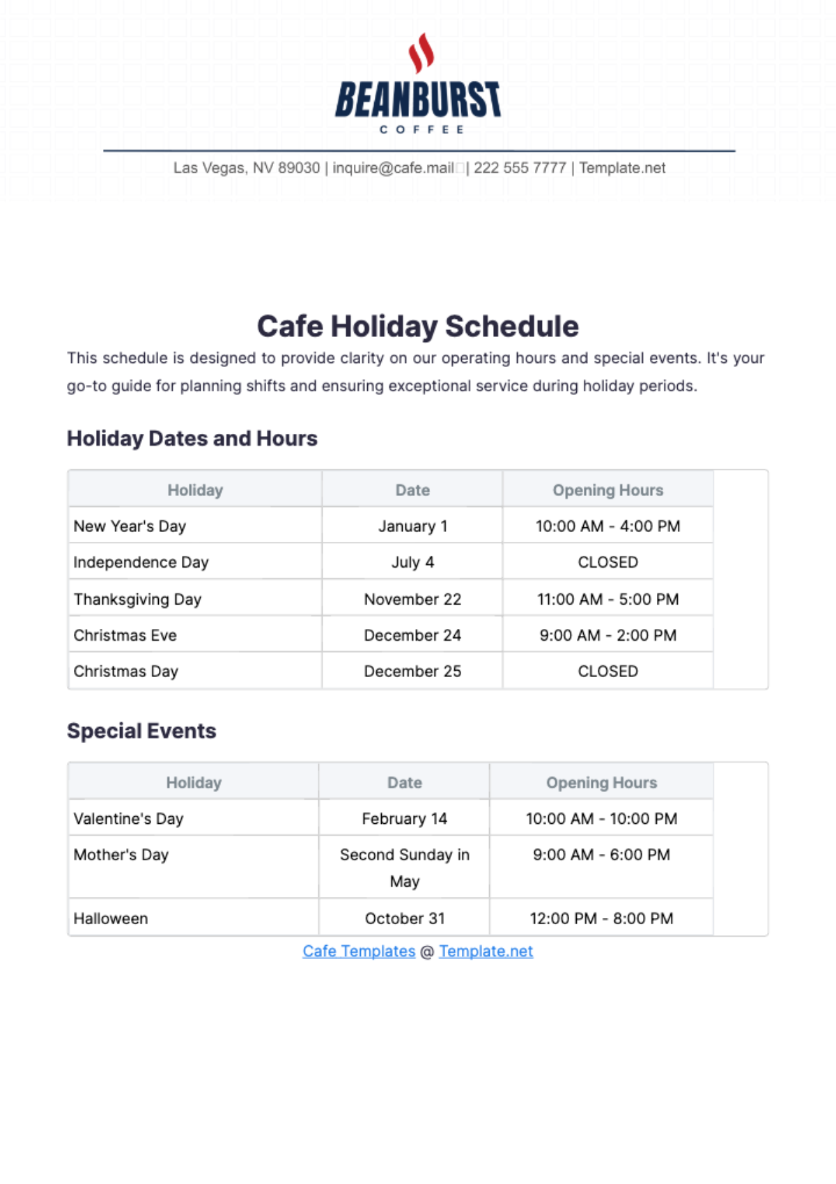 Cafe Holiday Schedule Template - Edit Online & Download