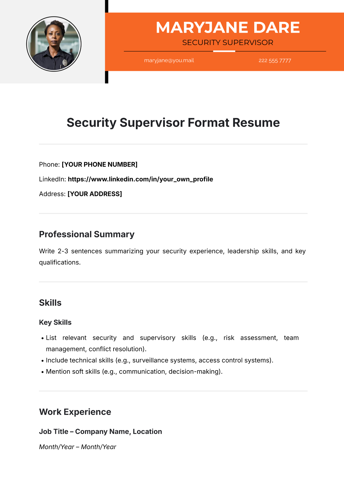 Free Security Supervisor Format Resume Template