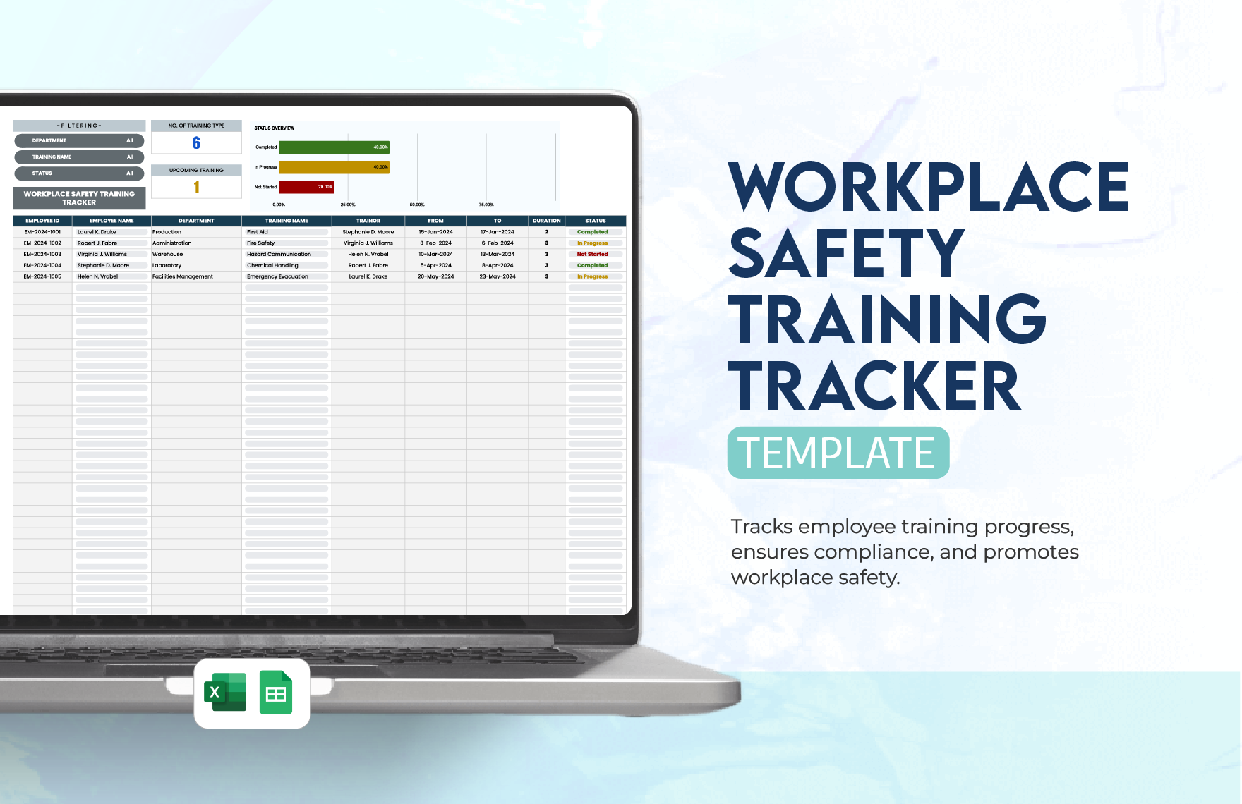 Workplace Safety Training Tracker Template in Excel, Google Sheets