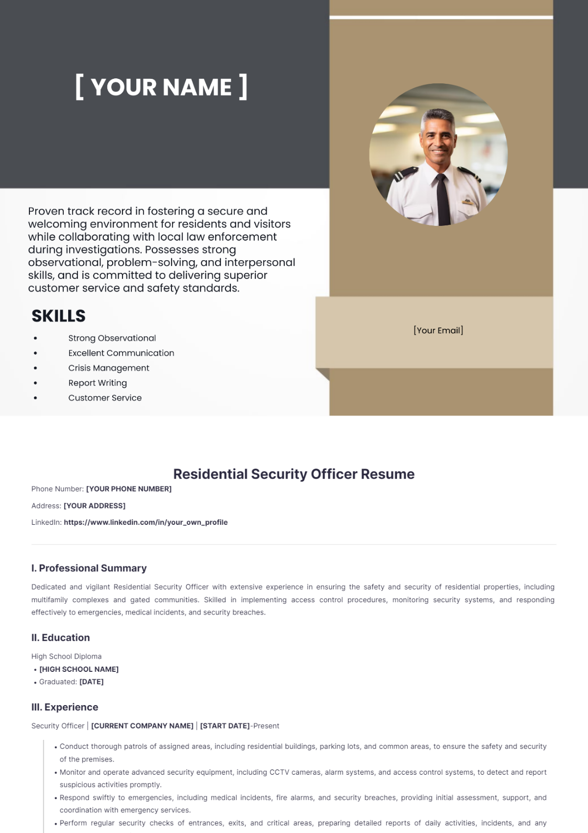 Residential Security Officer Resume Templates - Edit Online & Download ...