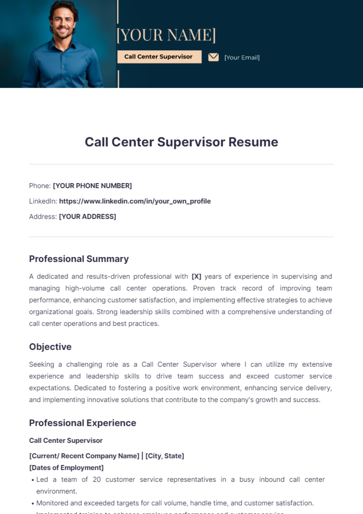 Call Center Supervisor Resume Templates - Edit Online & Download ...