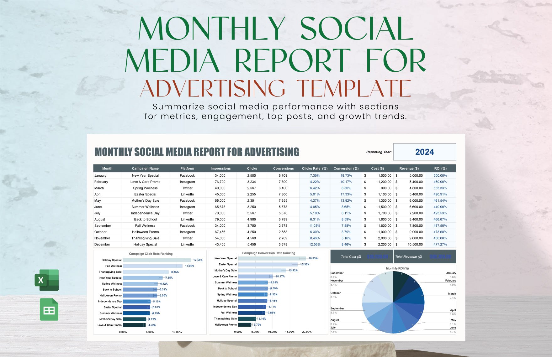 Monthly Social Media Report for Advertising Template in Excel, Google Sheets