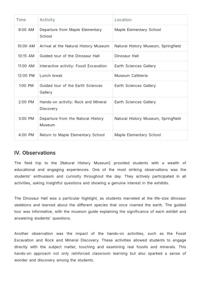Free School Field Trip Report Template to Edit Online