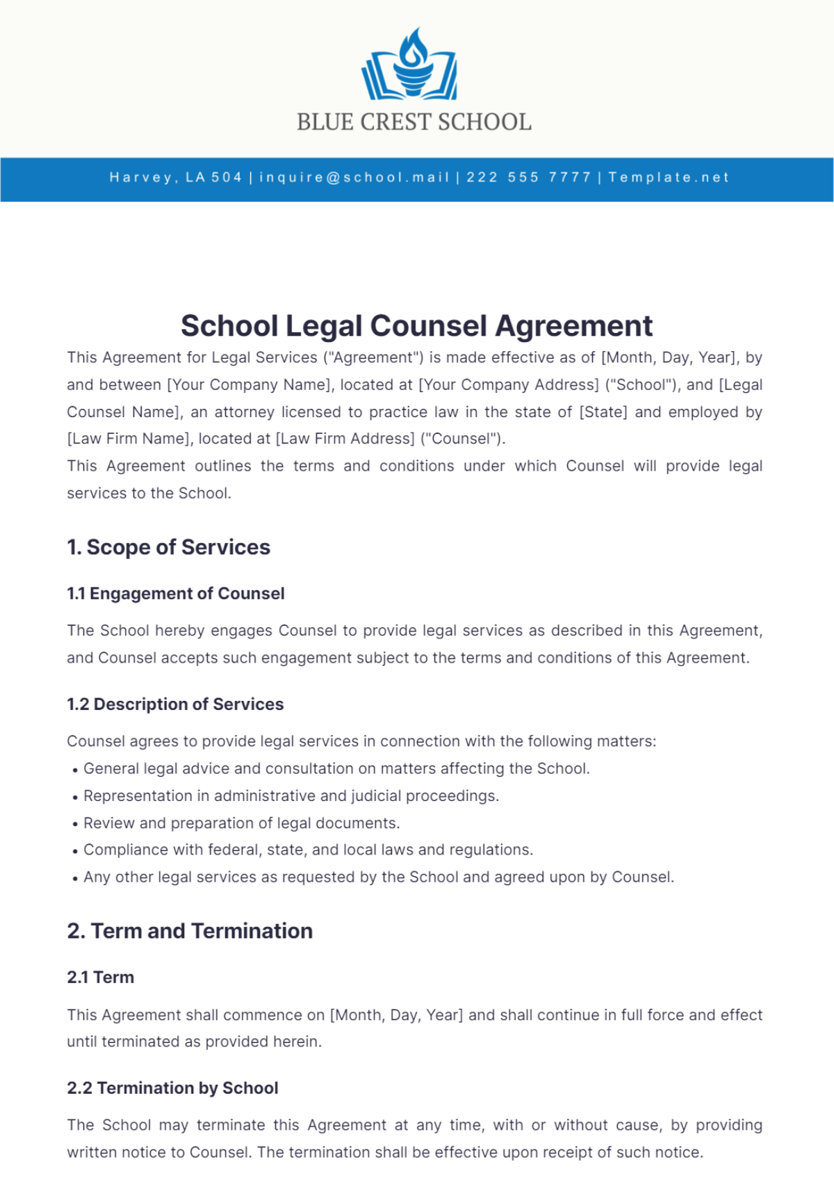 School Legal Counsel Agreement Template