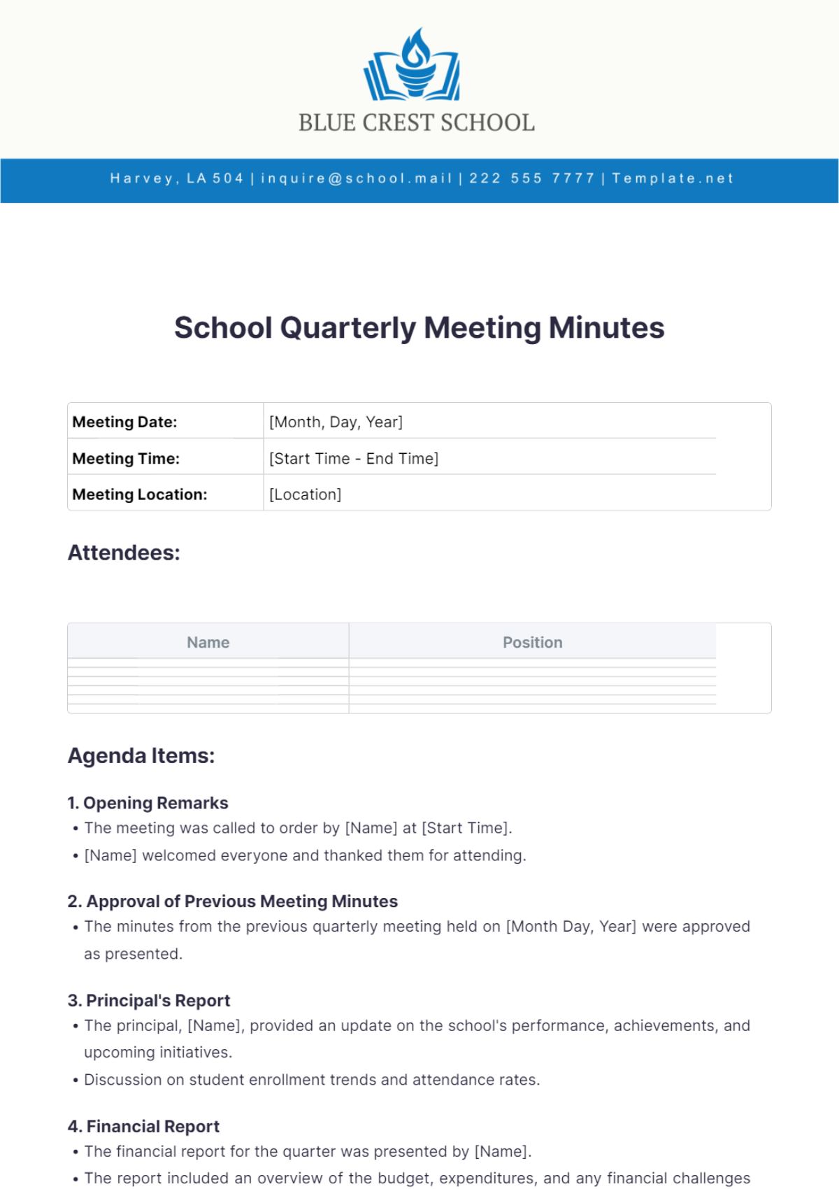 School Quarterly Meeting Minutes Template - Edit Online & Download