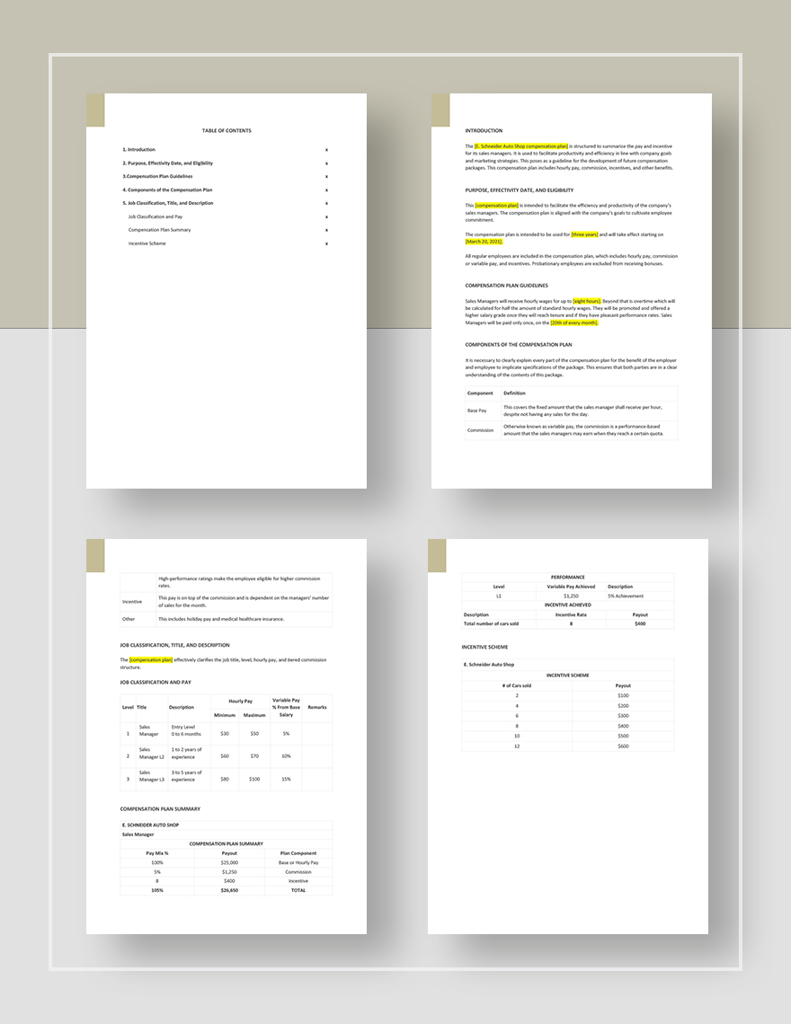 Sales Manager Compensation Plan Template In PDF Pages Word Google 