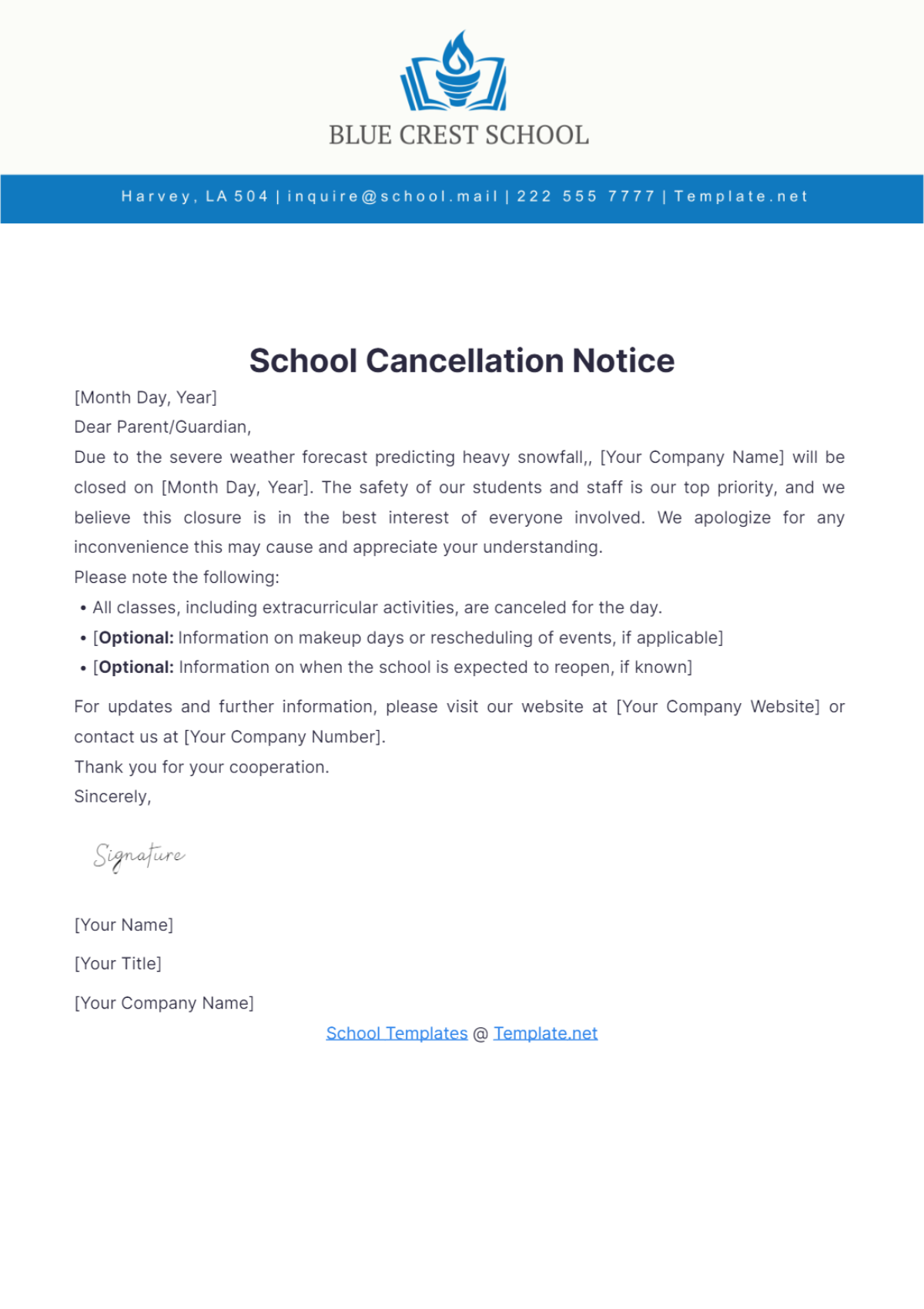 School Cancellation Notice Template - Edit Online & Download