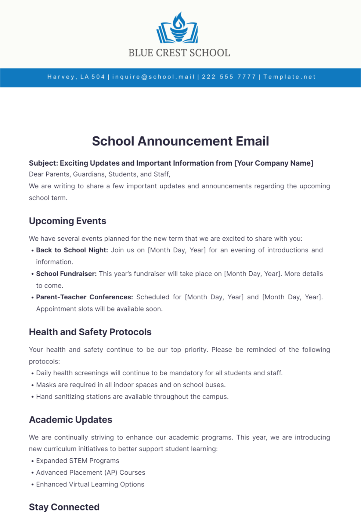 School Announcement Email Template - Edit Online & Download