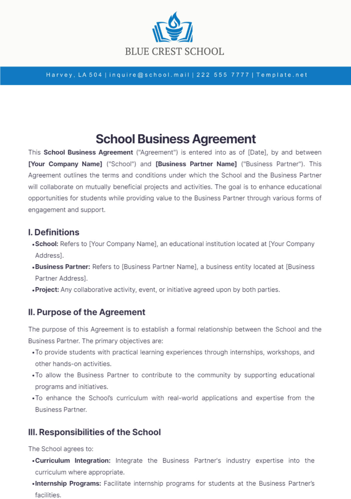 School Business Agreement Template