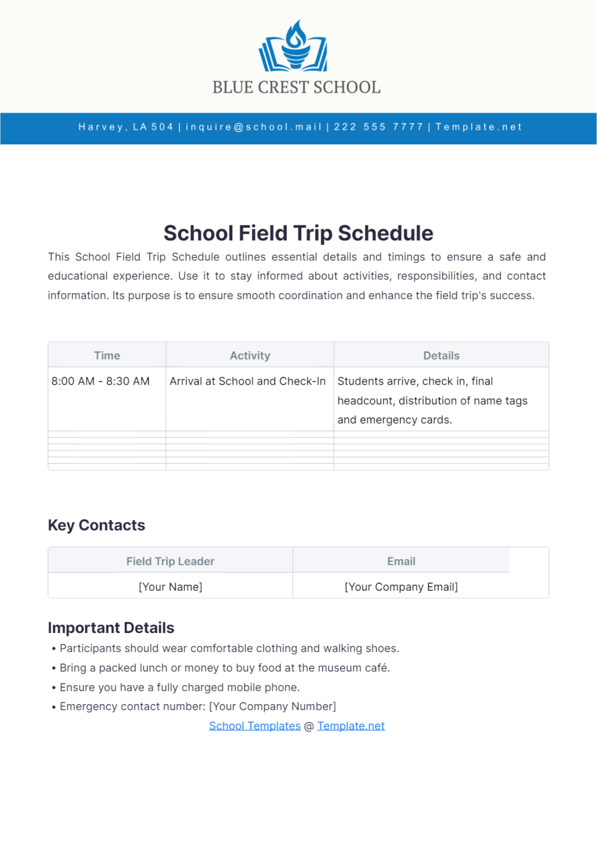 School Field Trip Schedule Template - Download | Template.net