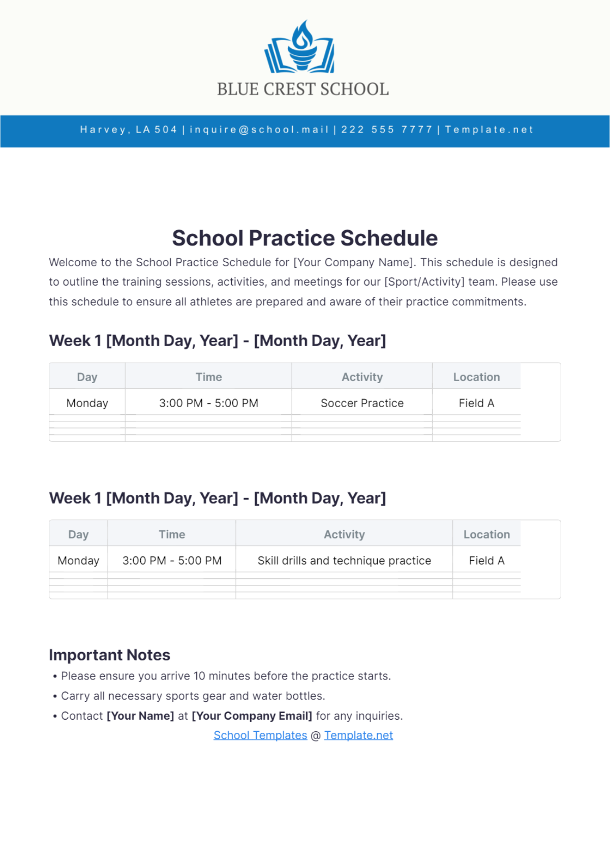 School Practice Schedule Template - Edit Online & Download