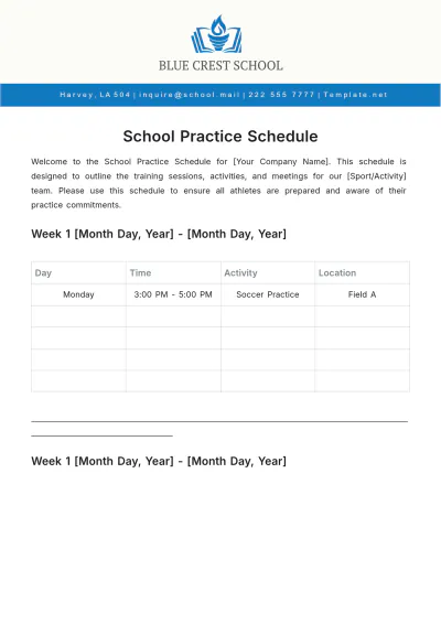 Free School Practice Schedule Template to Edit Online