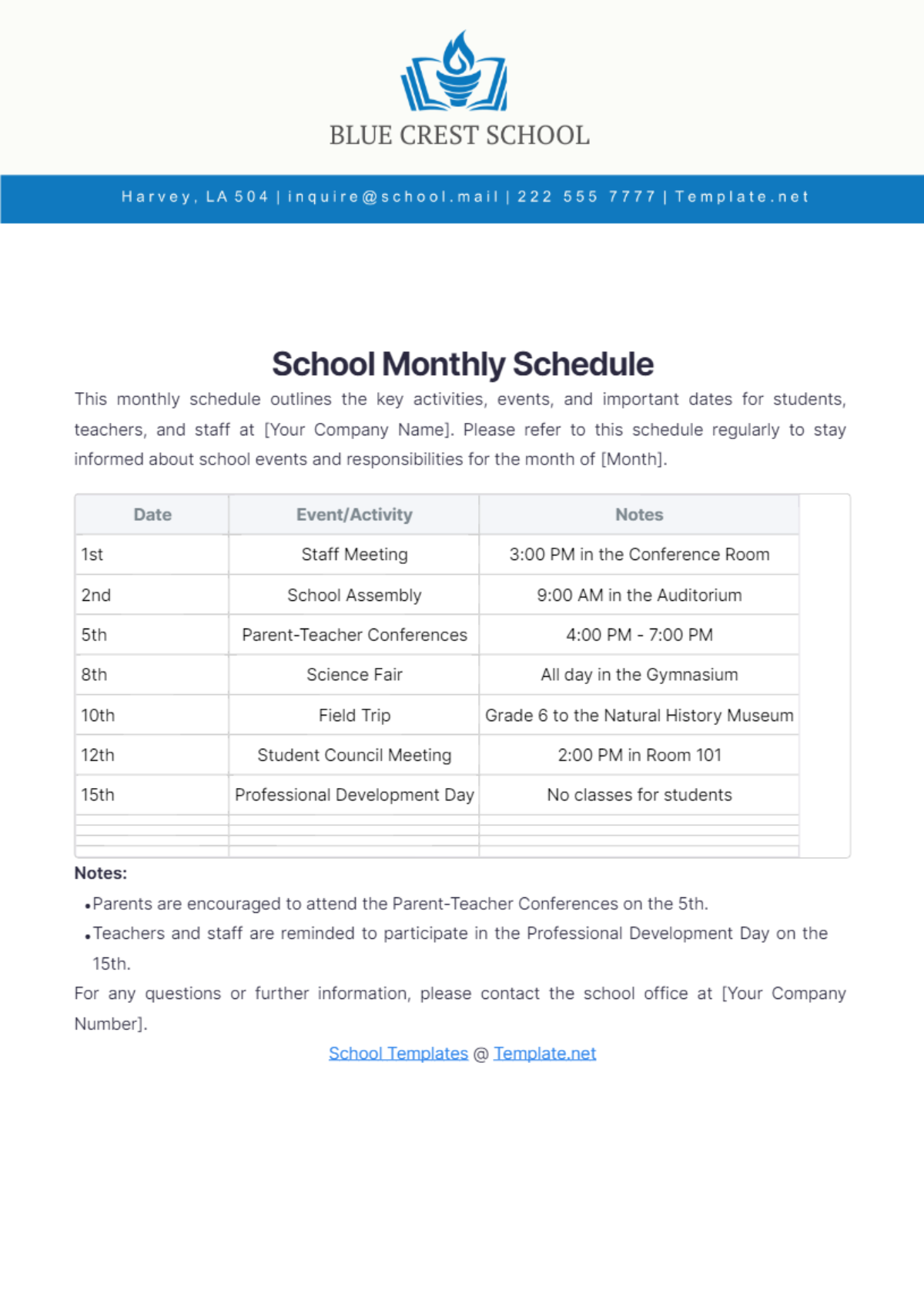 School Monthly Schedule Template - Edit Online & Download