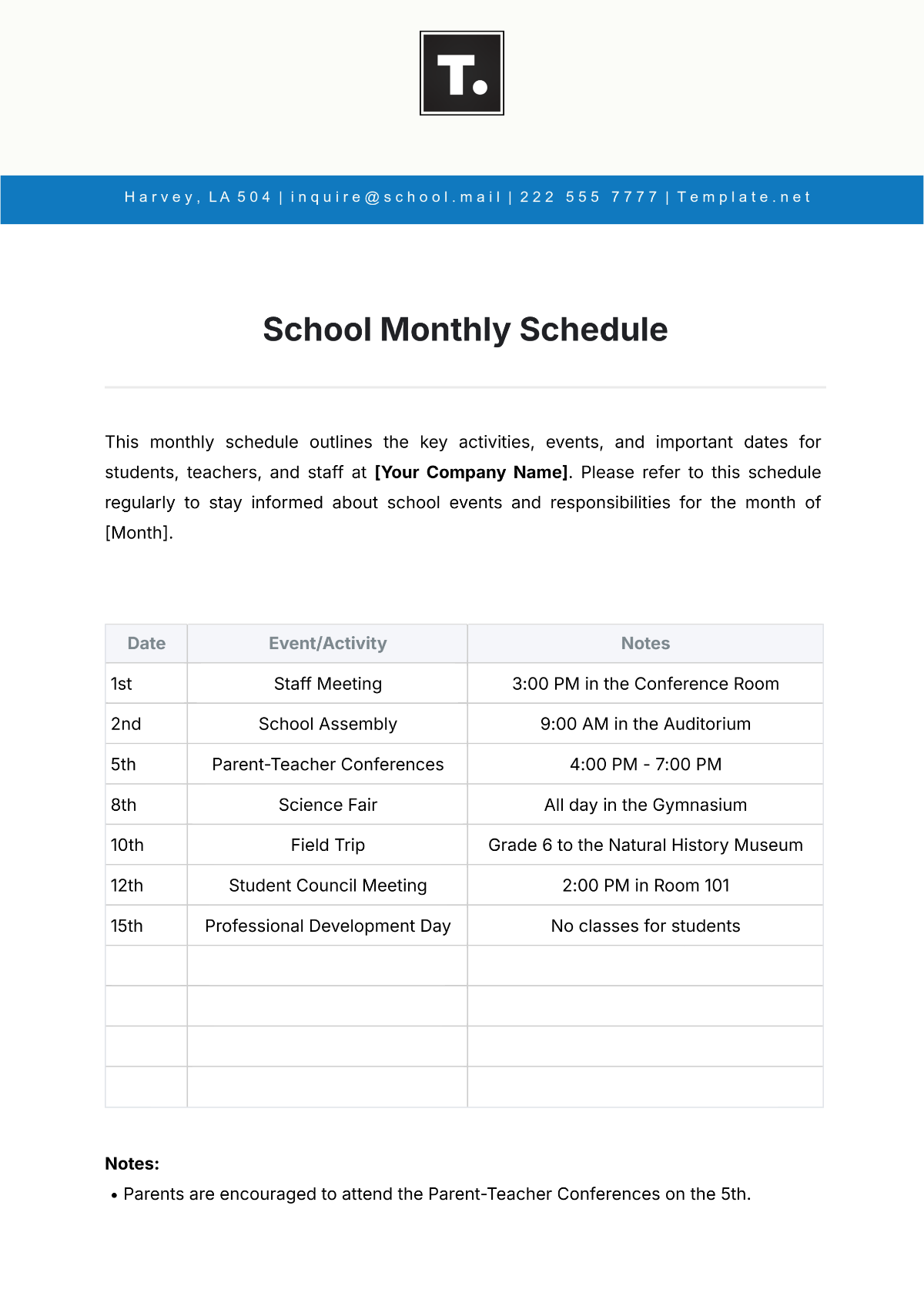 Free School Monthly Schedule Template