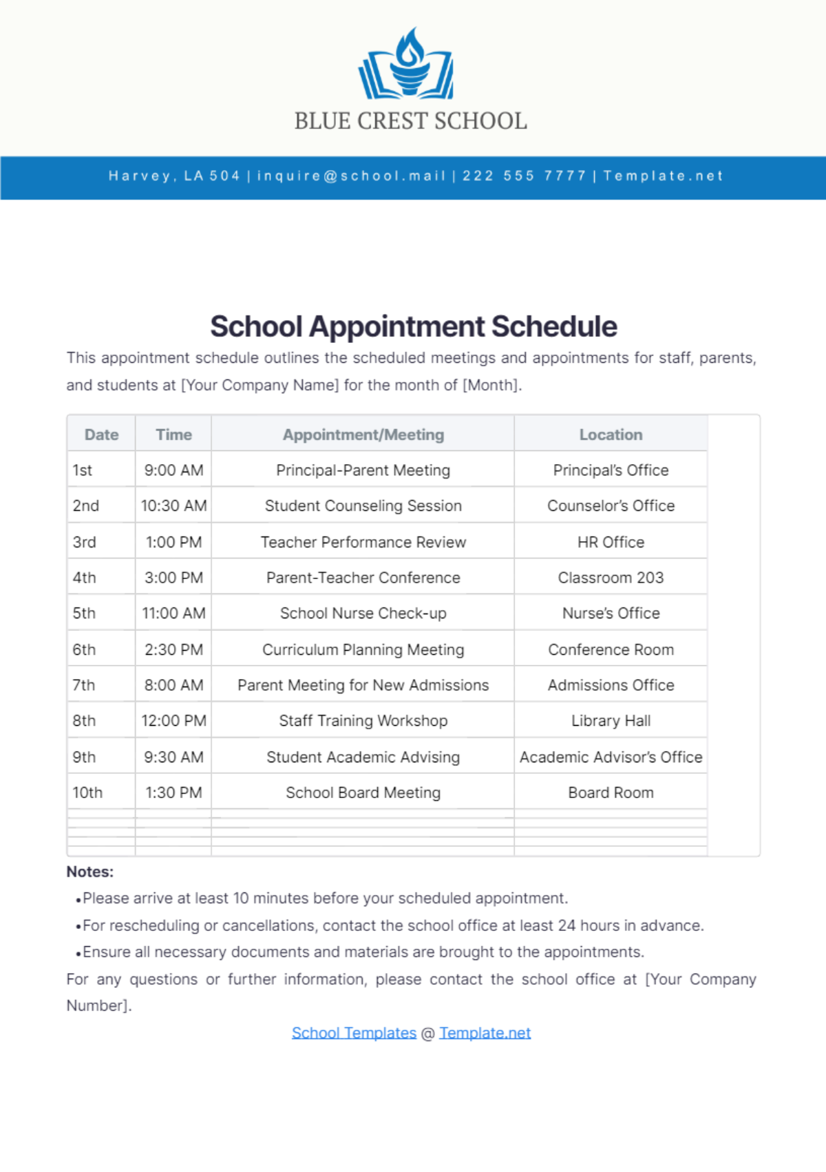 School Appointment Schedule Template - Edit Online & Download