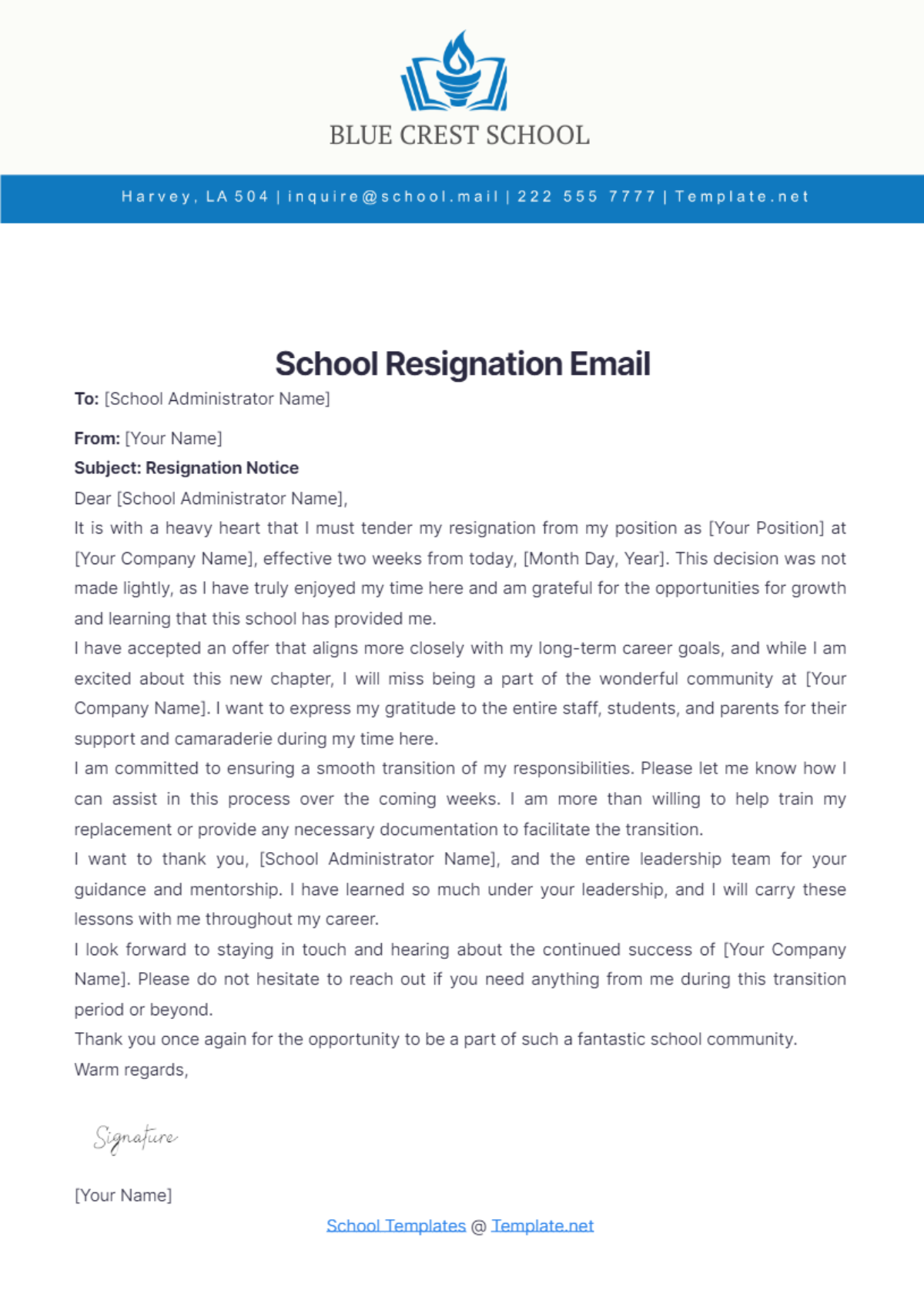 School Resignation Email Template - Edit Online & Download