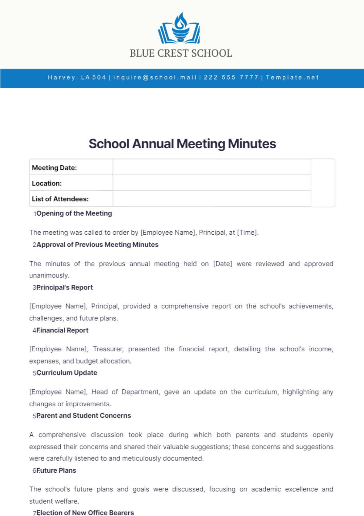 School Annual Meeting Minutes Template - Edit Online & Download