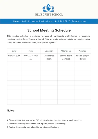 Free School Meeting Schedule Template to Edit Online