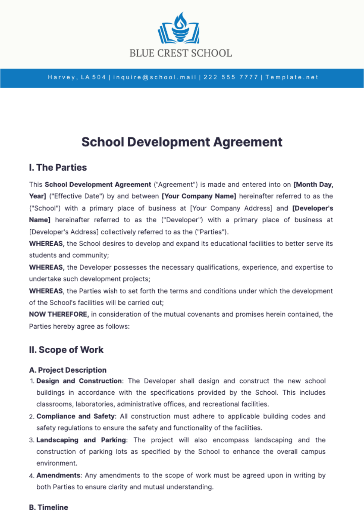 School Development Agreement Template