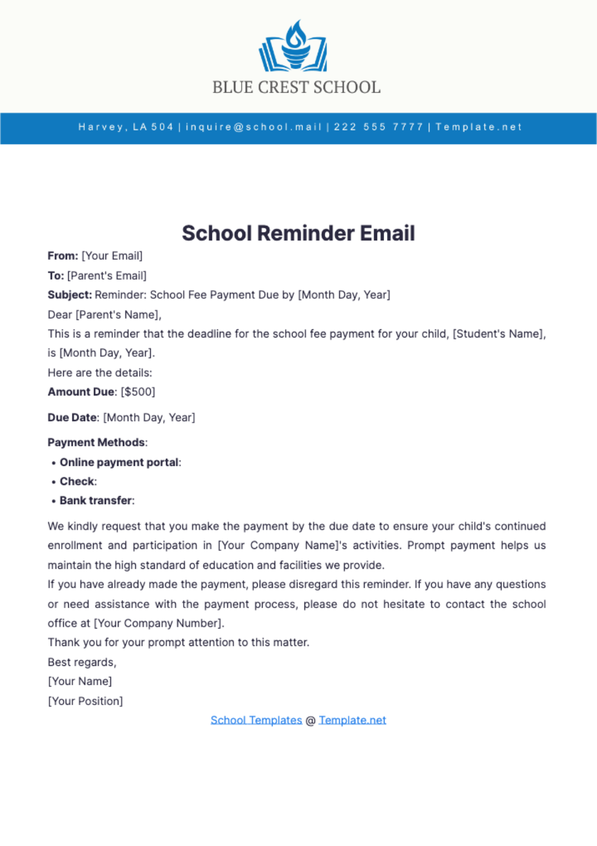 School Reminder Email Template - Edit Online & Download