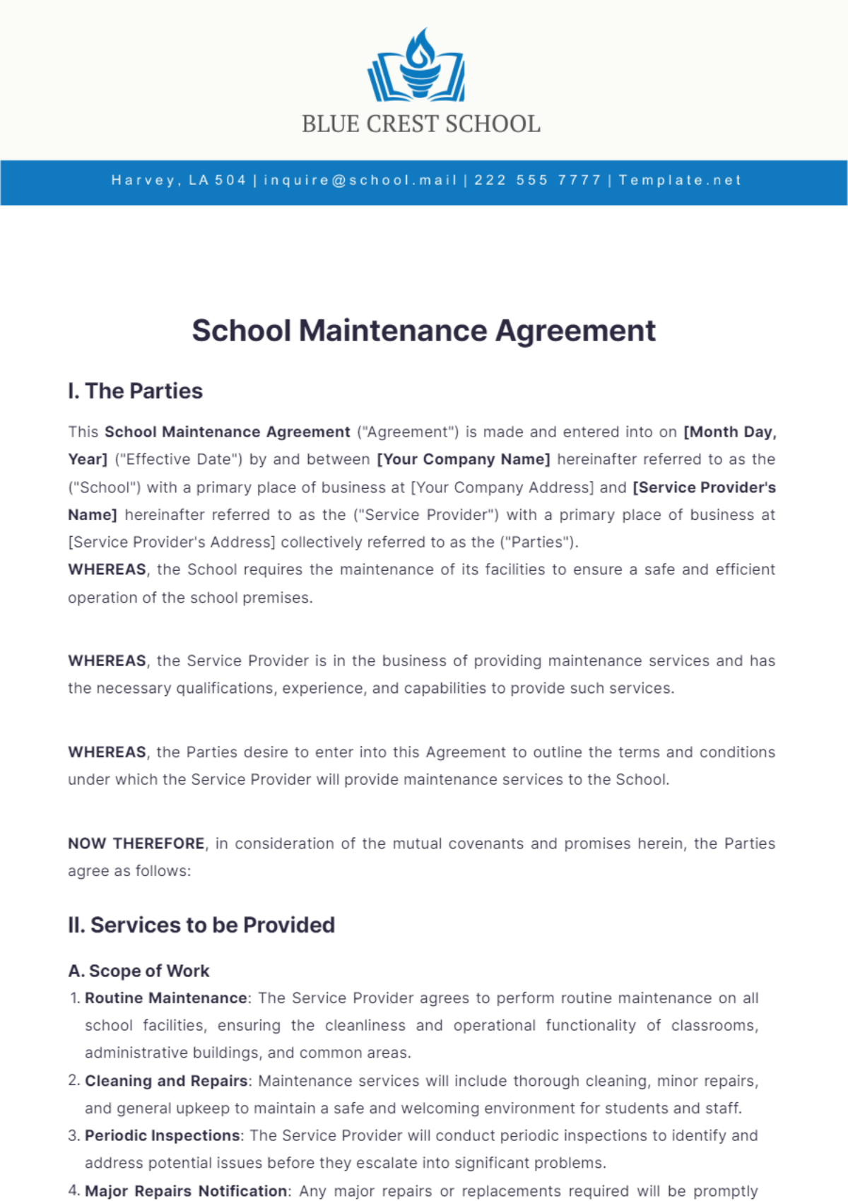 School Maintenance Agreement Template