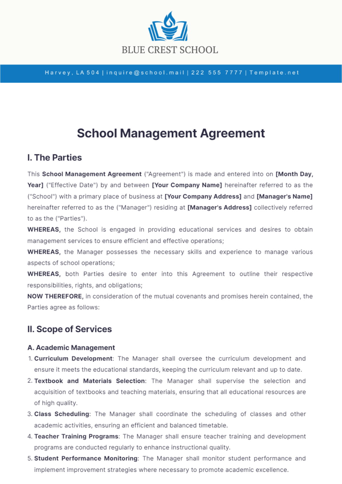 School Management Agreement Template