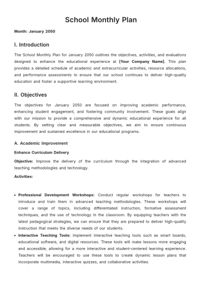 Free School Monthly Plan Template to Edit Online