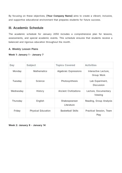Free School Monthly Plan Template to Edit Online