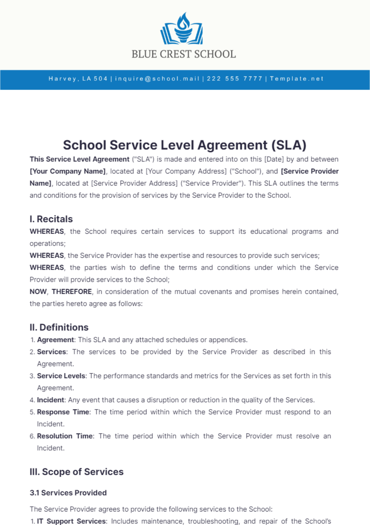 School Service Level Agreement Template