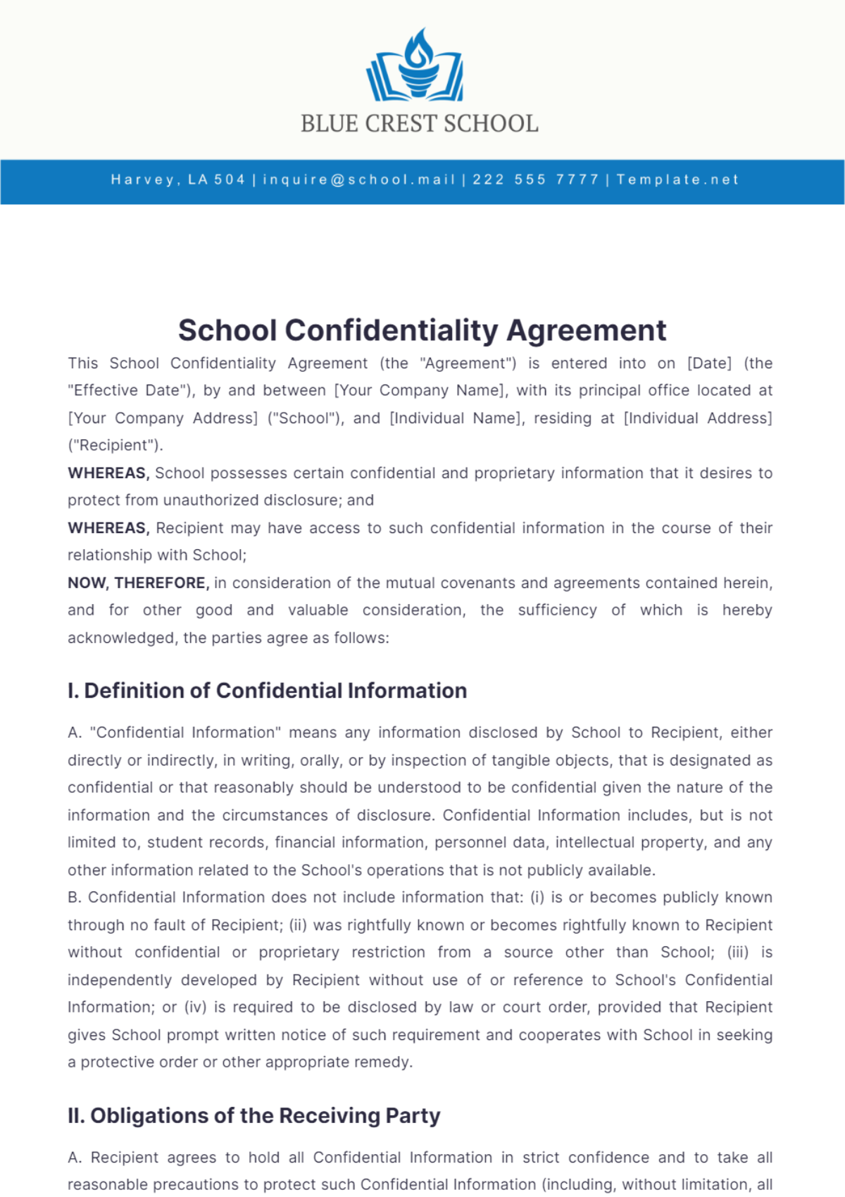 School Confidentiality Agreement Template