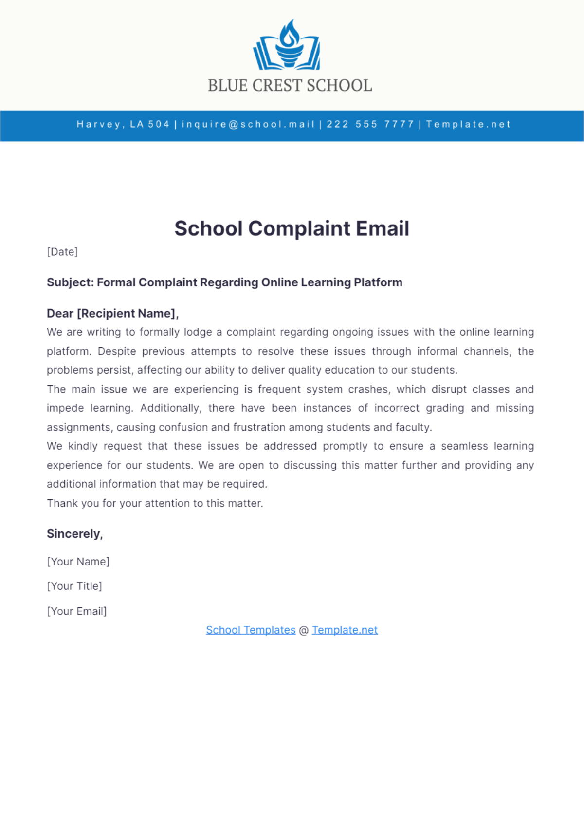 School Complaint Email Template - Edit Online & Download