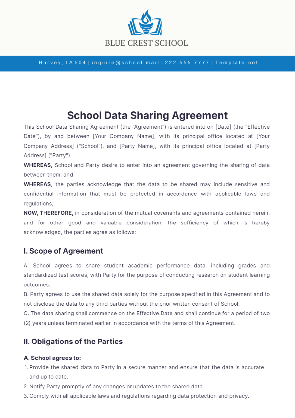 School Data Sharing Agreement Template