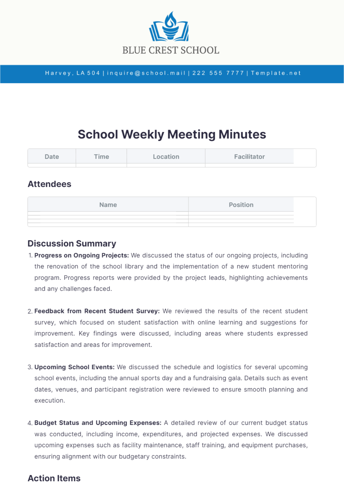 School Weekly Meeting Minutes Template - Edit Online & Download