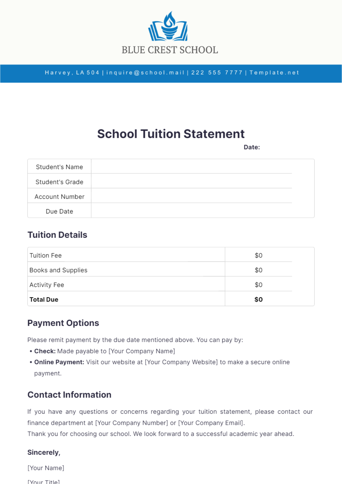 School Tuition Statement Template - Edit Online & Download