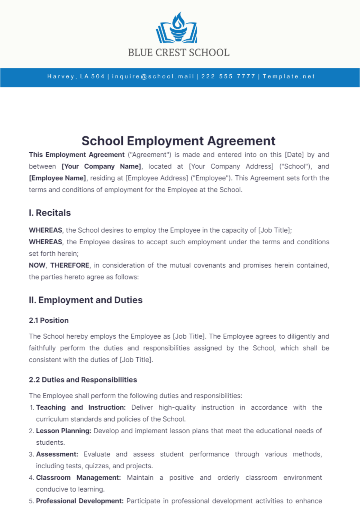 School Employment Agreement Template