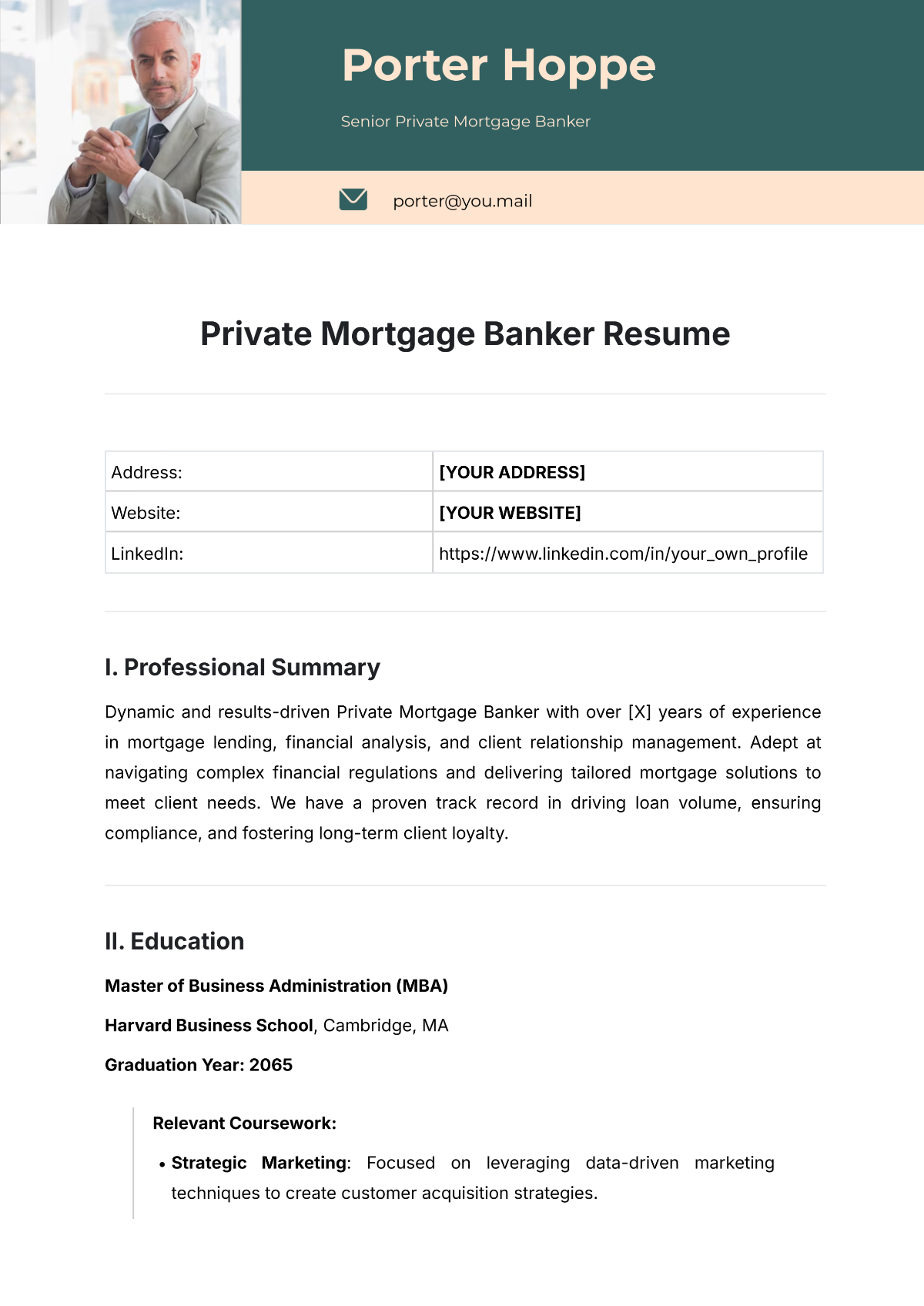 Private Mortgage Banker Resume Template - Edit Online & Download