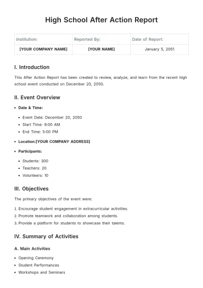 Free High School After Action Report Template to Edit Online
