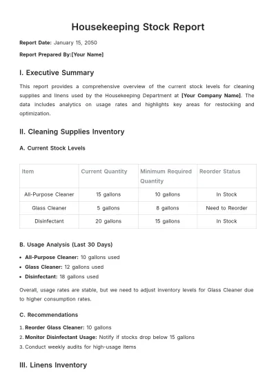 Free Housekeeping Stock Report Template to Edit Online