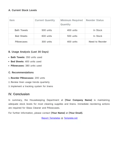 Free Housekeeping Stock Report Template to Edit Online