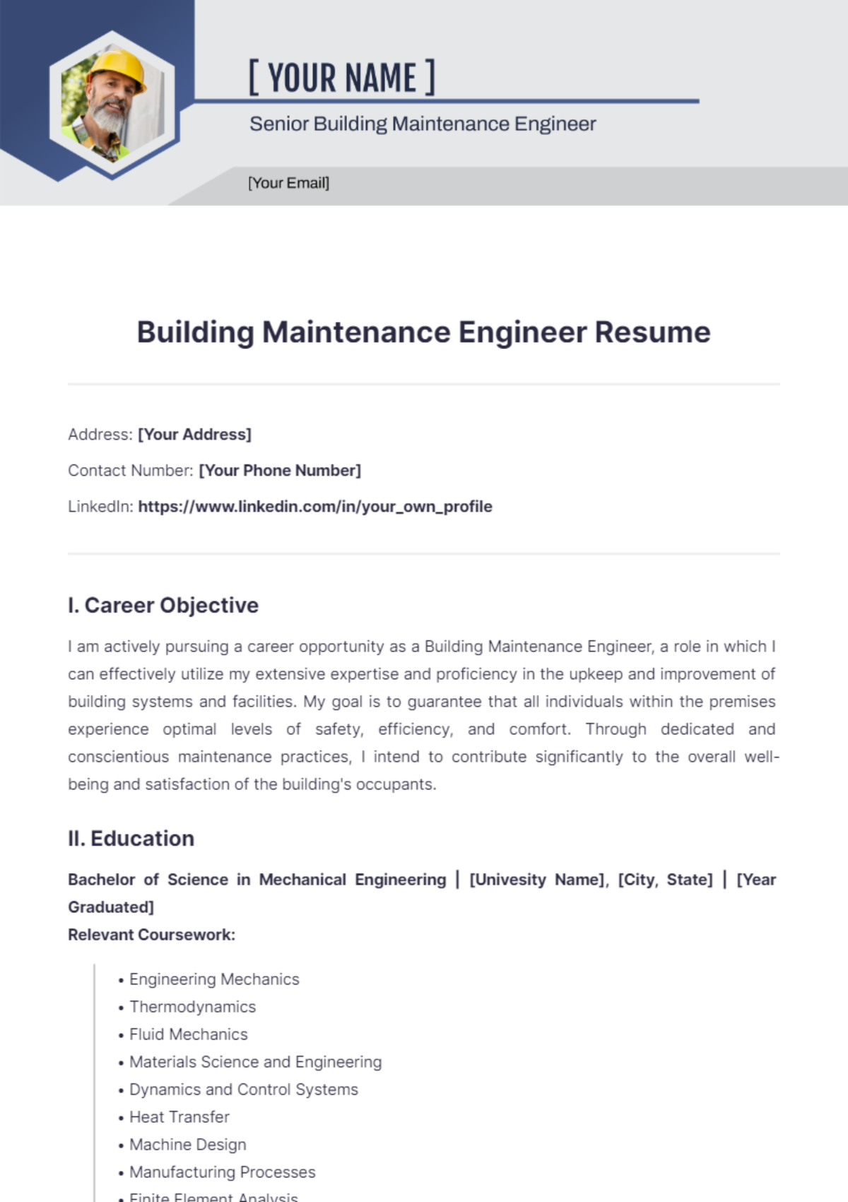 Building Maintenance Engineer Resume - Edit Online & Download