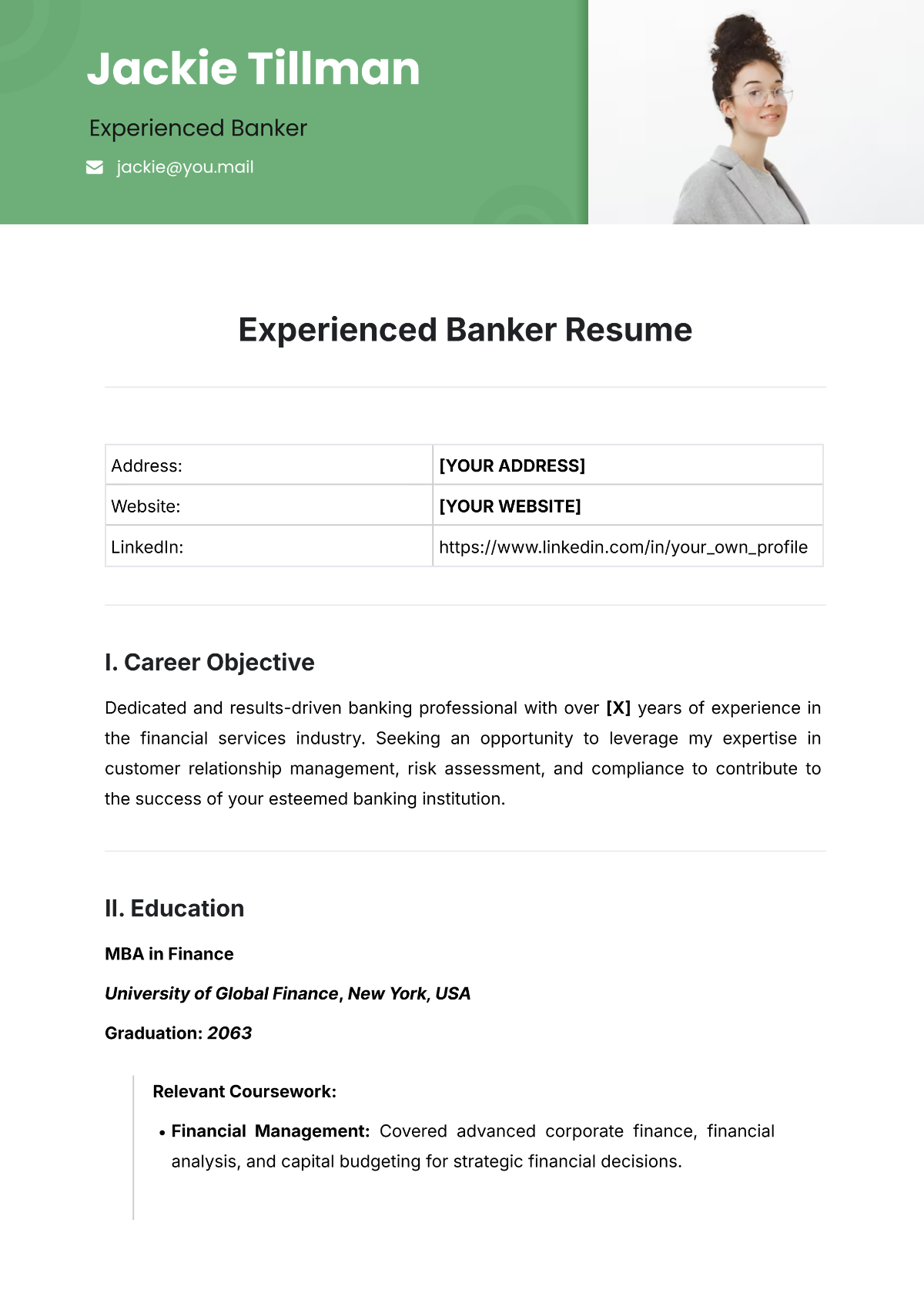 Experienced Banker Resume Template - Edit Online & Download