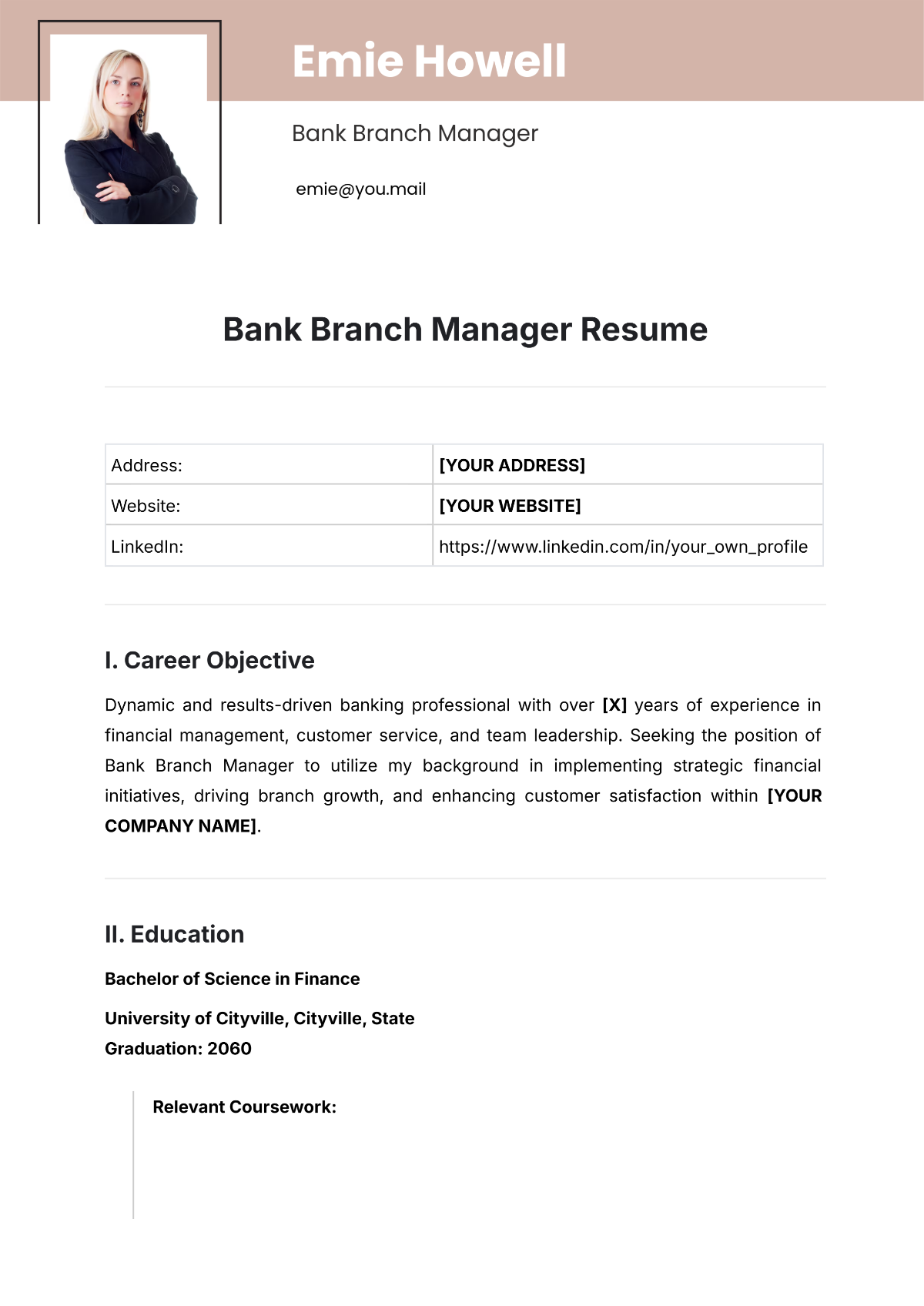 Bank Branch Manager Resume Template - Edit Online & Download