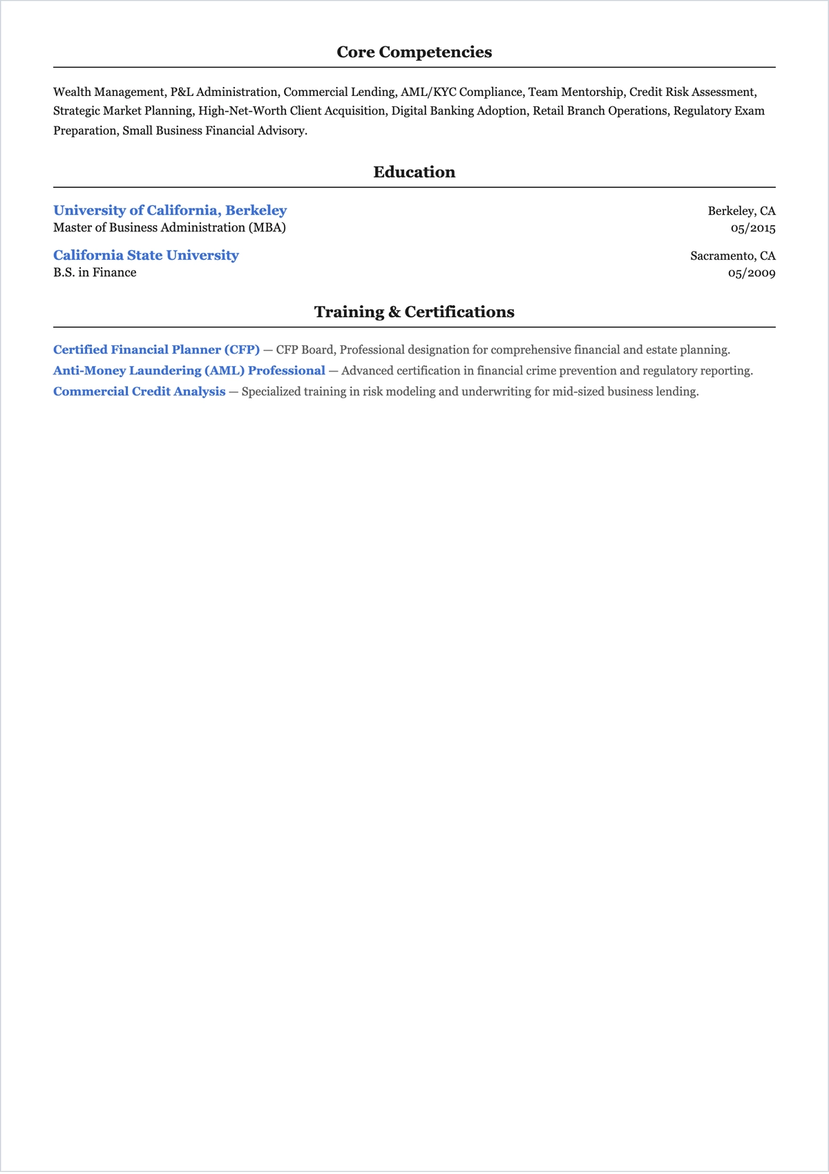 Free Bank Branch Manager ATS Resume Template, AI Resume Builder