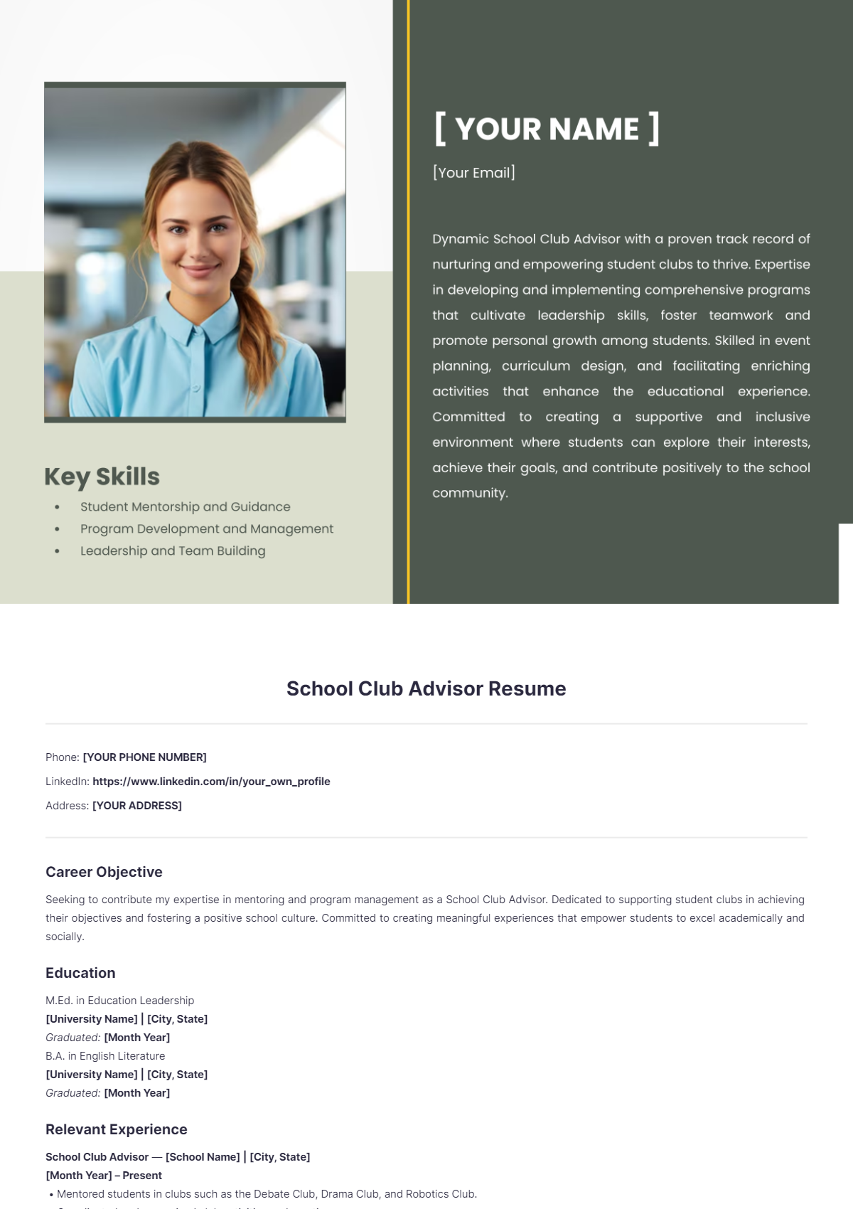 School Club Advisor Resume - Edit Online & Download