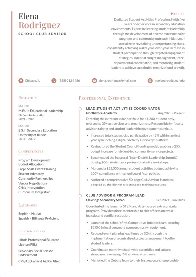 Free School Club Advisor ATS Resume Template, AI Resume Builder