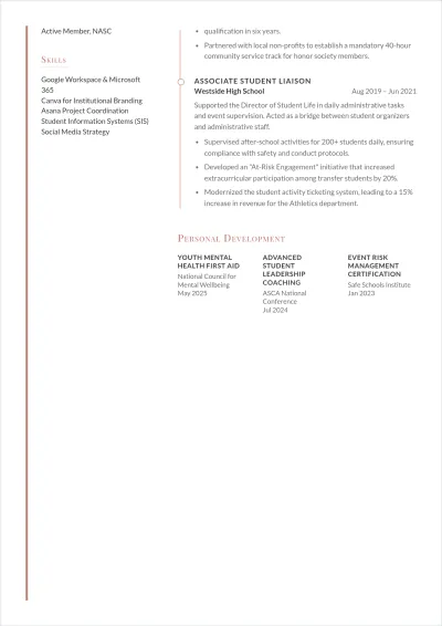 Free School Club Advisor ATS Resume Template, AI Resume Builder