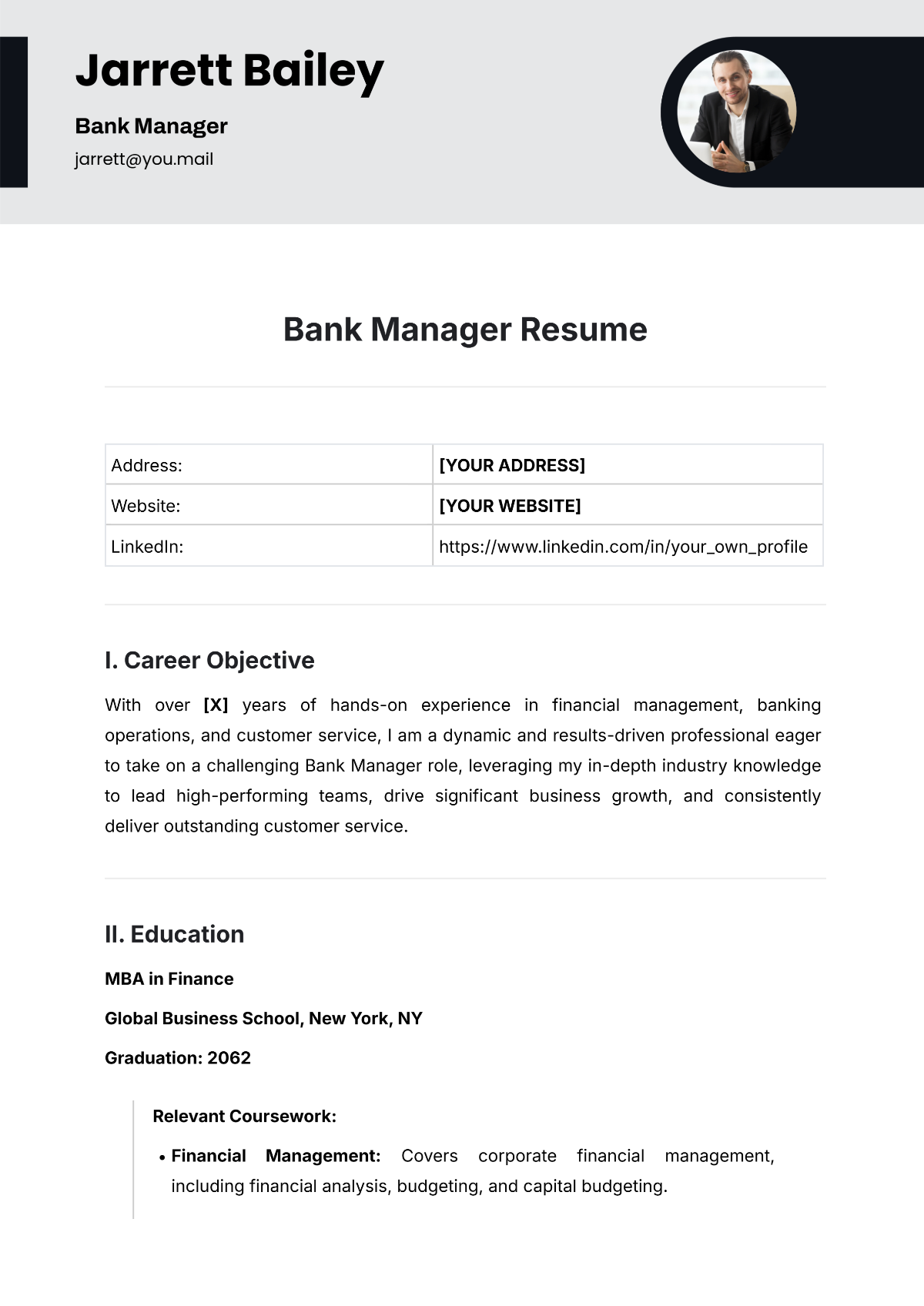 Bank Manager Resume Template - Edit Online & Download