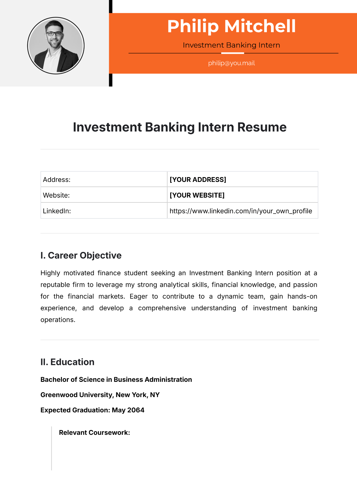 Investment Banking Intern Resume Template - Edit Online & Download