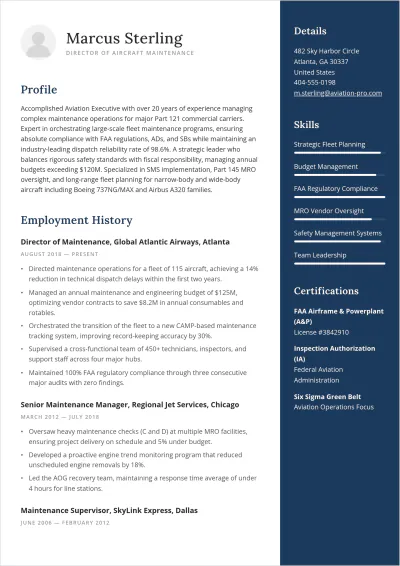 Free Director Of Aircraft Maintenance ATS Resume Template