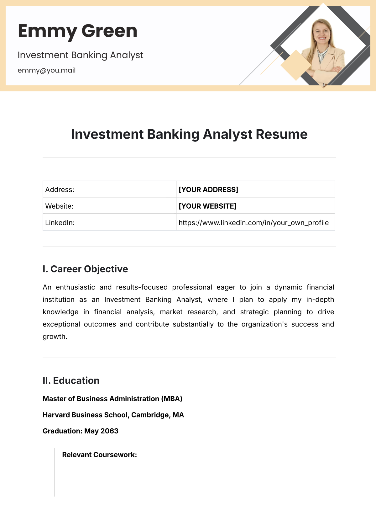 Investment Banking Analyst Resume Template - Edit Online & Download